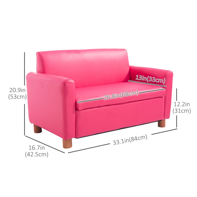 Qaba 33" Kids Sofa Loveseat Child Upholstered Couch Chair Armchair Children's Furniture with Storage Compartment for Girls Bedroom Living Room Pink