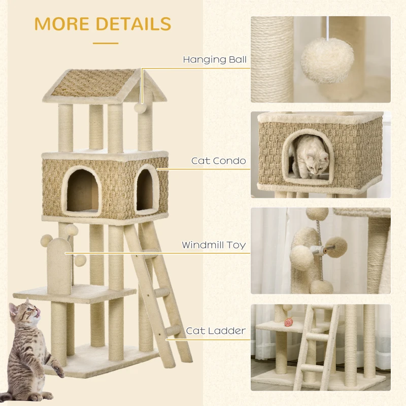PawHut 51.5" Huge Cat Tree Kitty Activity Center Cat Climbing Toy Pet Furniture w/ Sisal Scratching Post Ladder Windmill Toy