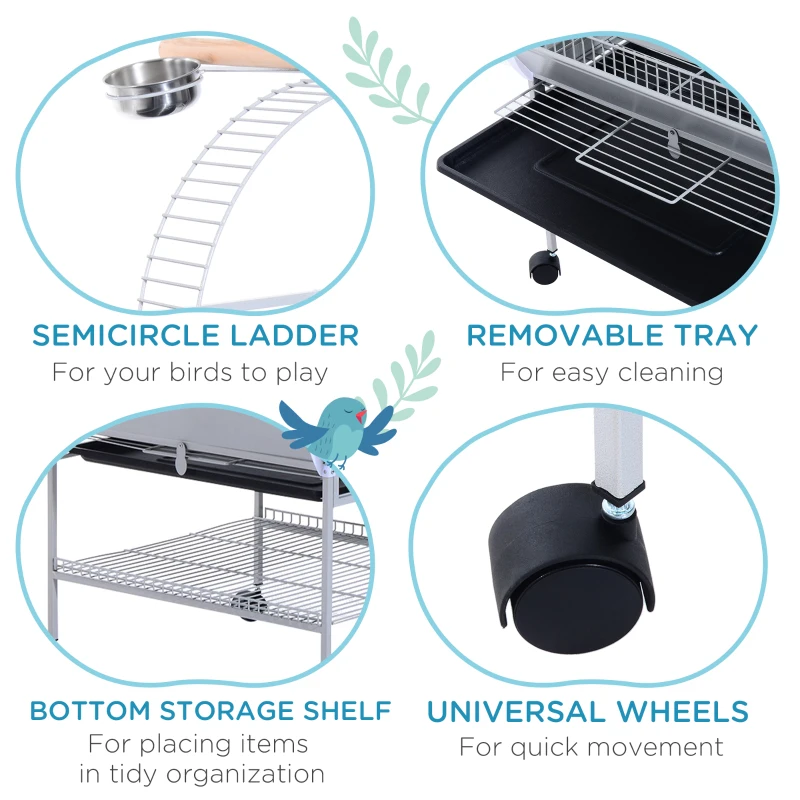 PawHut 63" Large Bird Parrot Cage Stand Finch Feeder Play Top House Perch Bowl Wheels, Silver