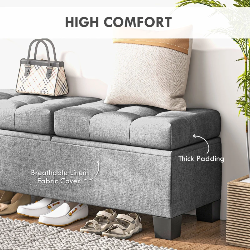 HOMCOM 46" Storage Ottoman Bench, Upholstered End of Bed Bench with Steel Frame, Button Tufted Storage Bench with Safety Hinges for Living Room, Entryway, Bedroom, Gray