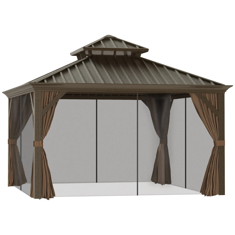 Outsunny 12' x 12' Hardtop Gazebo with Curtains and Netting, Permanent Pavilion Metal Double Roof Gazebo Canopy with Aluminum Frame and Hooks, for Garden, Patio, Backyard, Brown