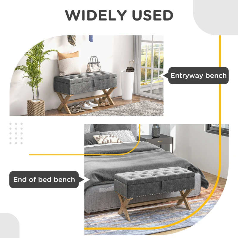 HOMCOM Upholstered Bedroom Bench, End of Bed Bench, Ottoman with Wood Legs, 35.75"W x 16.25"D x 19.75"H, Gray