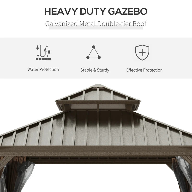 Outsunny 12' x 12' Hardtop Gazebo with Curtains and Netting, Permanent Pavilion Metal Double Roof Gazebo Canopy with Aluminum Frame and Hooks, for Garden, Patio, Backyard, Brown