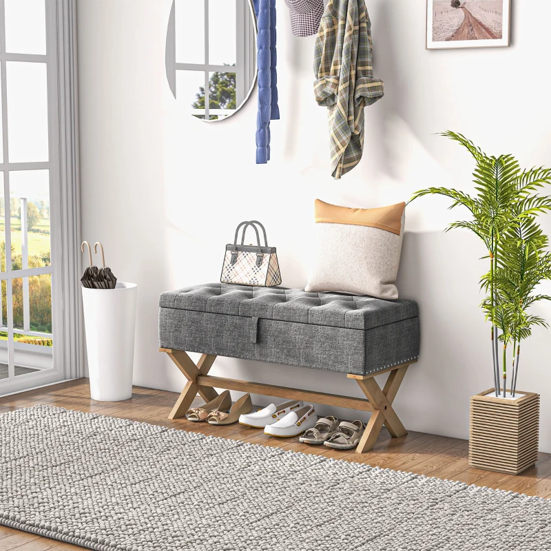 HOMCOM Upholstered Bedroom Bench, End of Bed Bench, Ottoman with Wood Legs, 35.75"W x 16.25"D x 19.75"H, Gray