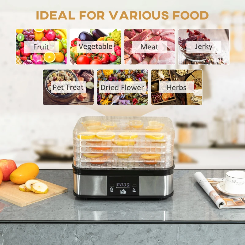HOMCOM Food Dehydrator Machine with Adjustable Timer, Temperature Control, Digital Display, Food Dryer Machine for Snack, Fruit, Jerky, Meat, Herbs, Dog Treats, 245W, BPA Free