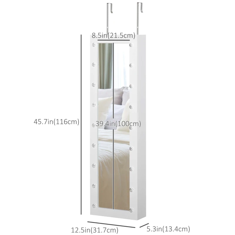 HOMCOM Jewellery Armoire with Mirror, Jewellery Cabinet with 18 LED Lights, Wall-Mounted and Over-The-Door Cabinet with 3 Mountable Heights and Drawer, White