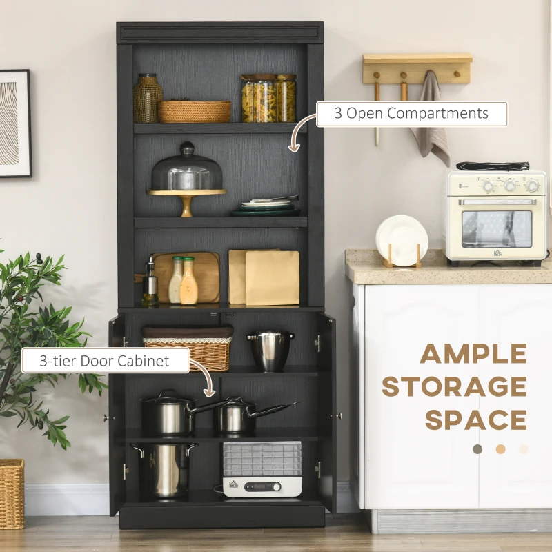 HOMCOM 72" Kitchen Buffet with Hutch, Freestanding Cupboard, Pantry with 6-Tier Shelving, 2 Doors Cabinet with Adjustable Shelves, Black, Wood Grain
