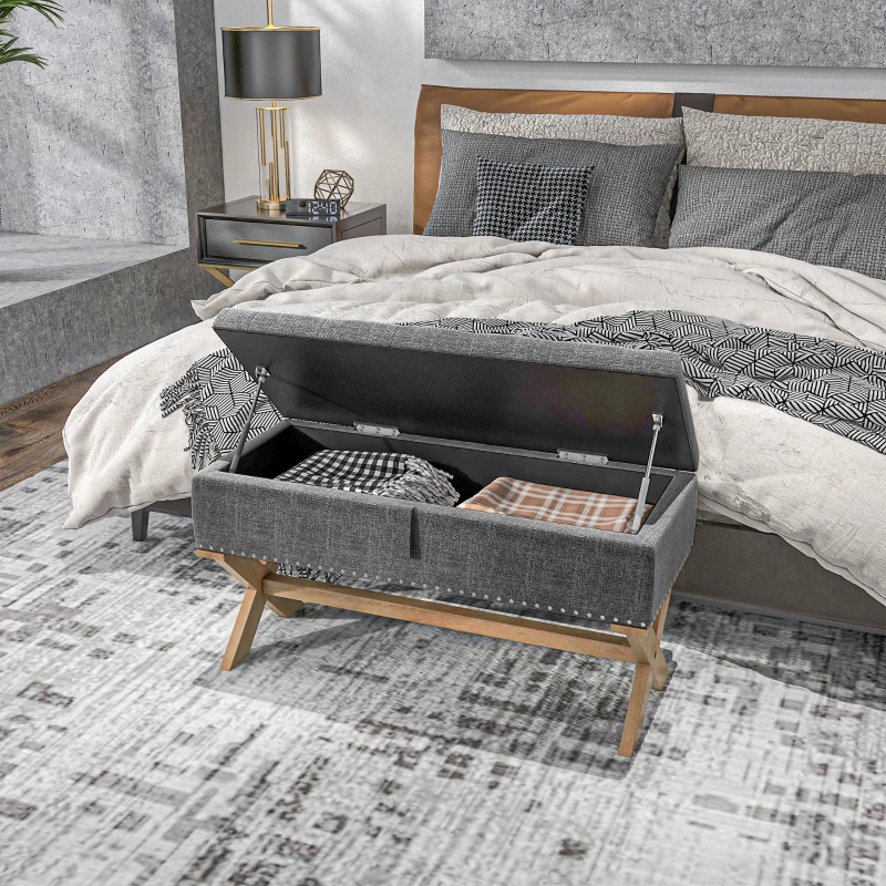 HOMCOM Upholstered Bedroom Bench, End of Bed Bench, Ottoman with Wood Legs, 35.75"W x 16.25"D x 19.75"H, Gray