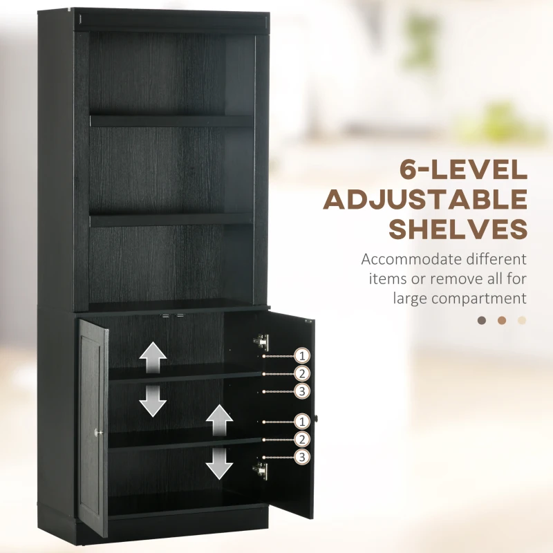 HOMCOM 72" Kitchen Buffet with Hutch, Freestanding Cupboard, Pantry with 6-Tier Shelving, 2 Doors Cabinet with Adjustable Shelves, Black, Wood Grain