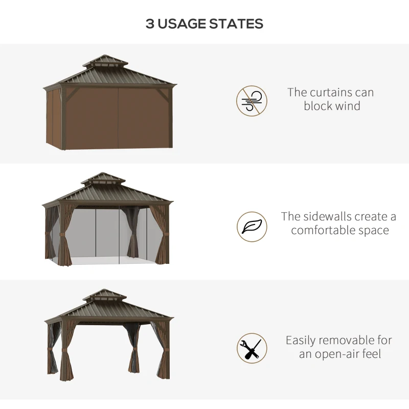 Outsunny 12' x 12' Hardtop Gazebo with Curtains and Netting, Permanent Pavilion Metal Double Roof Gazebo Canopy with Aluminum Frame and Hooks, for Garden, Patio, Backyard, Brown