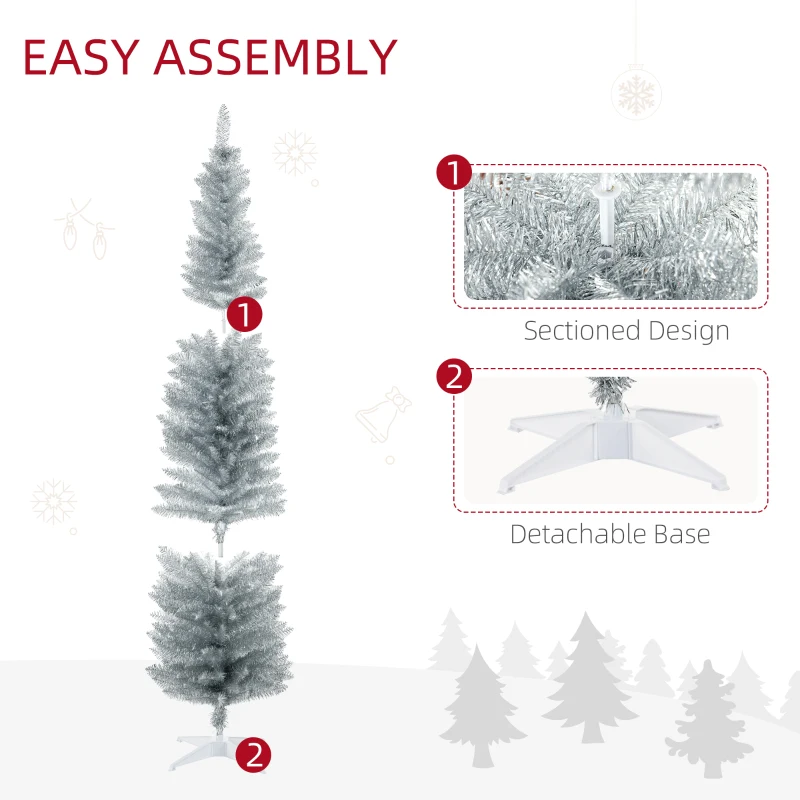 HOMCOM 7FT Decorated Christmas Tree, Pencil Christmas Tree with 499 Realistic Branch Tips and Plastic Stand, Silver