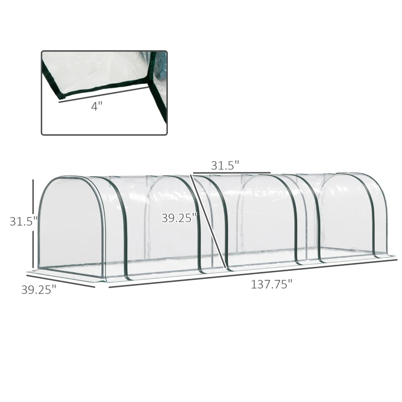 Outsunny 138"x39"x32" Transparent PVC Mini Tunnel Greenhouse Garden Green Grow Shed Portable Plant Flower Warm House Steel Frame Zipped Doors