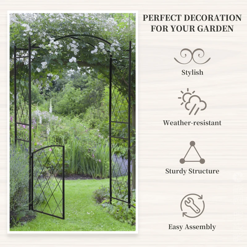 Outsunny 7FT Metal Garden Arch with Gate Climbing Planter Frame Backyard Decor for Vines Morning Glory Black