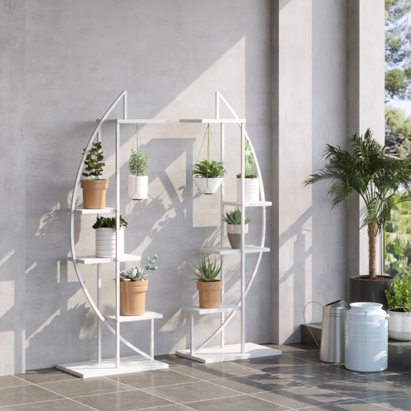Outsunny 5 Tier Metal Plant Stand, Flower Pot Display Shelf with Hangers, Tall Plant Stand Indoor, Half Moon Shape, for Living Room Patio Garden Balcony Decor, White