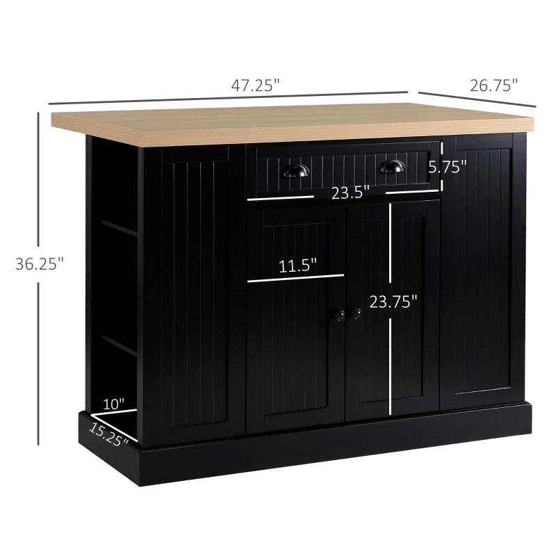 HOMCOM 47" Fluted-Style Wooden Kitchen Island, Kitchen Countertop Storage Cabinet with Drop Leaf, Drawer, Open Shelves, Storage, Black