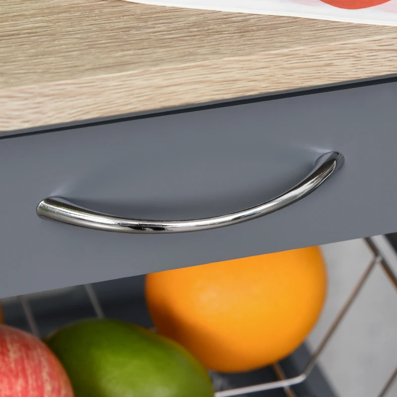 HOMCOM Mobile Kitchen Cart, Rolling Kitchen Island with Storage, Solid Wood Frame Utility Cart with Wire Fruit Baskets, Trays and Drawer, Gray