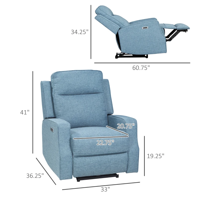 HOMCOM Electric Power Recliner, Wall Hugger Armchair with USB Charging Station, Sofa Recliner with Linen Upholstered Seat and Retractable Footrest, Blue