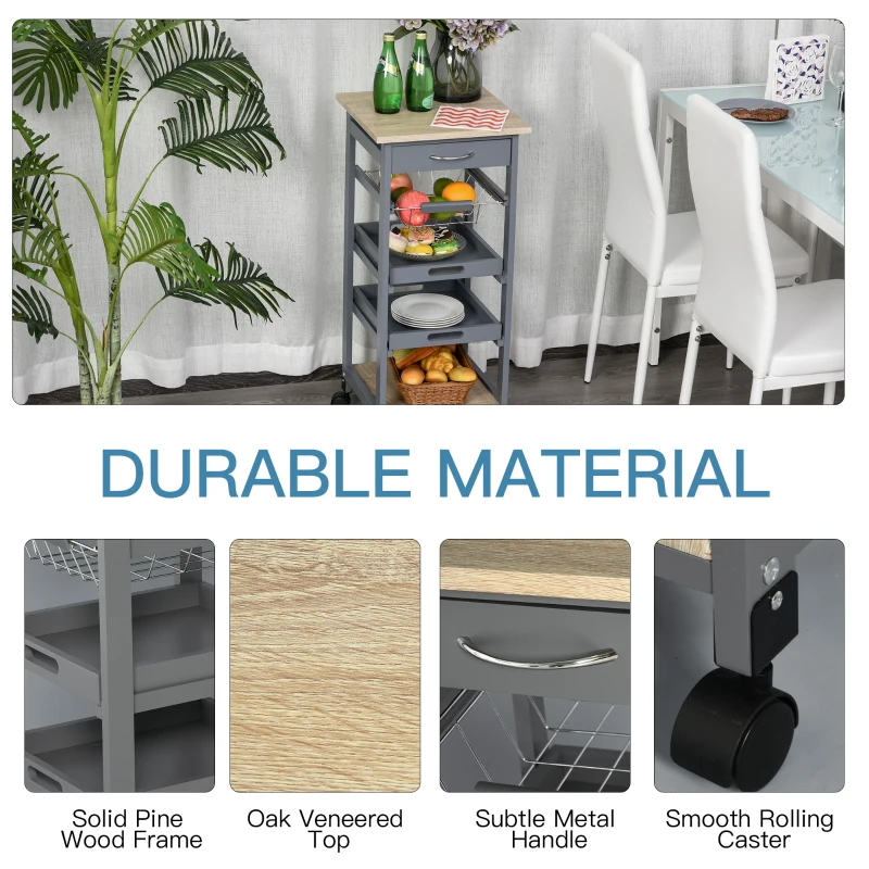 HOMCOM Mobile Kitchen Cart, Rolling Kitchen Island with Storage, Solid Wood Frame Utility Cart with Wire Fruit Baskets, Trays and Drawer, Gray