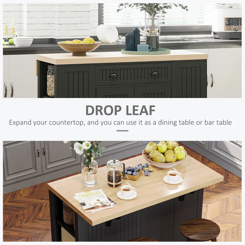 HOMCOM 47" Fluted-Style Wooden Kitchen Island, Kitchen Countertop Storage Cabinet with Drop Leaf, Drawer, Open Shelves, Storage, Black