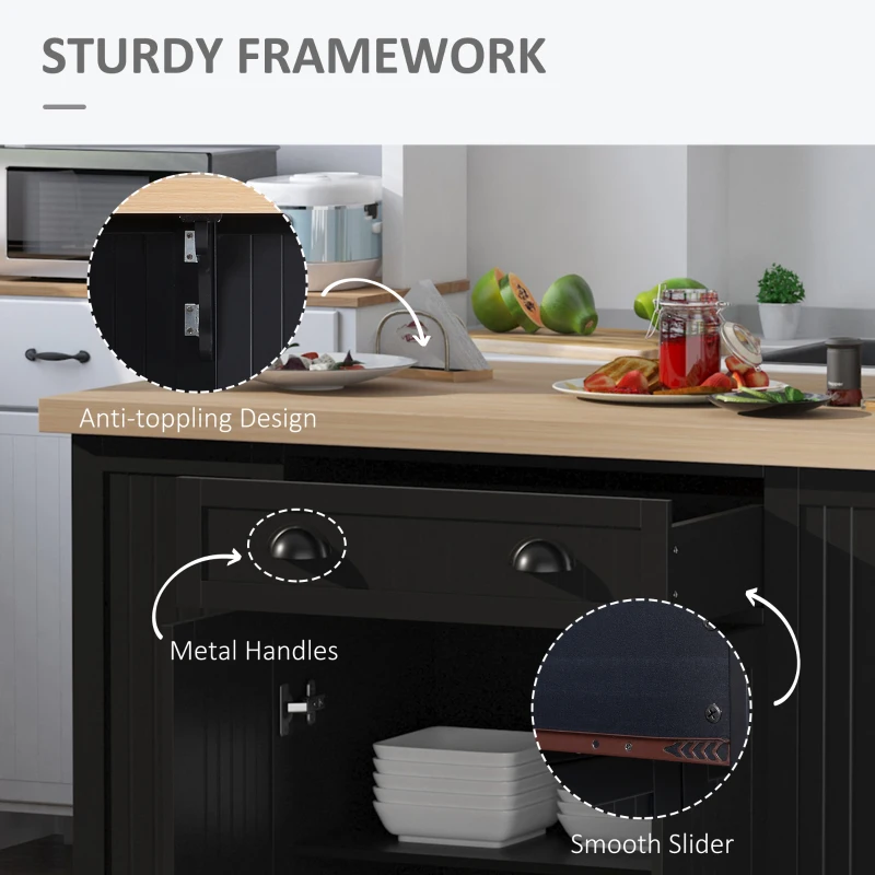 HOMCOM 47" Fluted-Style Wooden Kitchen Island, Kitchen Countertop Storage Cabinet with Drop Leaf, Drawer, Open Shelves, Storage, Black