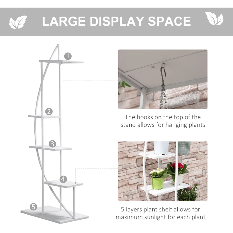Outsunny 5 Tier Metal Plant Stand, Flower Pot Display Shelf with Hangers, Tall Plant Stand Indoor, Half Moon Shape, for Living Room Patio Garden Balcony Decor, White