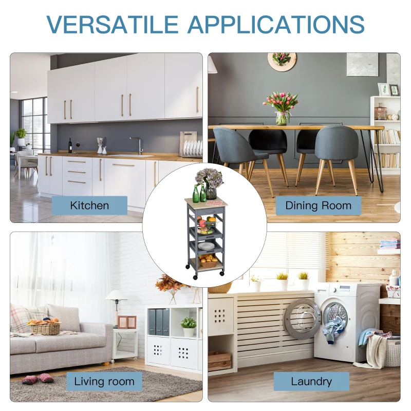 HOMCOM Mobile Kitchen Cart, Rolling Kitchen Island with Storage, Solid Wood Frame Utility Cart with Wire Fruit Baskets, Trays and Drawer, Gray