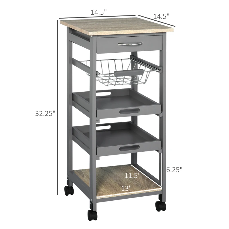 HOMCOM Mobile Kitchen Cart, Rolling Kitchen Island with Storage, Solid Wood Frame Utility Cart with Wire Fruit Baskets, Trays and Drawer, Gray