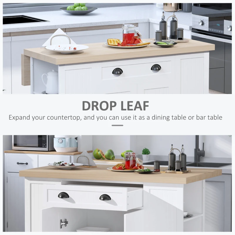 HOMCOM 47" Fluted-Style Wooden Kitchen Island, Kitchen Countertop Storage Cabinet with Drop Leaf, Drawer, Open Shelves, Storage, White