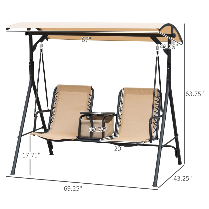 Outsunny 2 Person Porch Swing with Canopy, Storage Table, Cup Holder, Beige