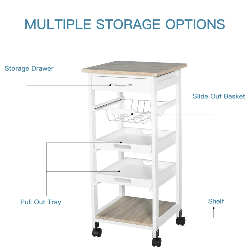 HOMCOM Mobile Kitchen Cart, Rolling Kitchen Island with Storage, Solid Wood Frame Utility Cart with Wire Fruit Baskets, Trays and Drawer, White