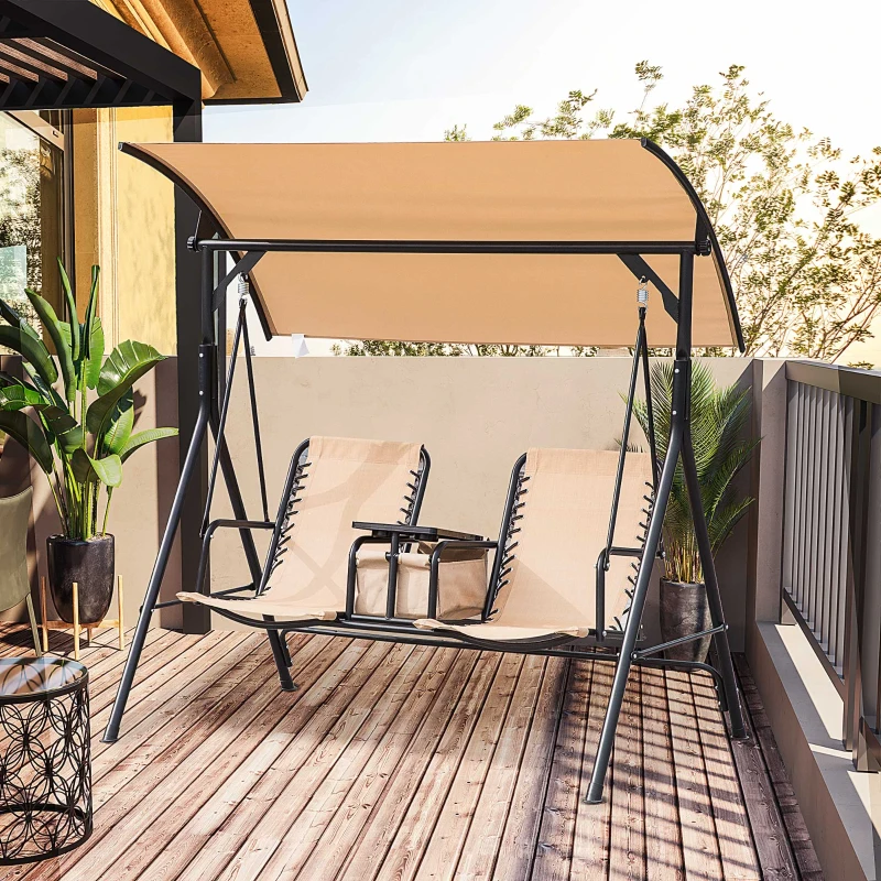 Outsunny 2 Person Porch Swing with Canopy, Storage Table, Cup Holder, Beige