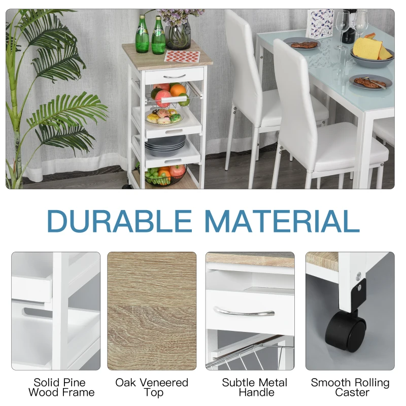 HOMCOM Mobile Kitchen Cart, Rolling Kitchen Island with Storage, Solid Wood Frame Utility Cart with Wire Fruit Baskets, Trays and Drawer, White