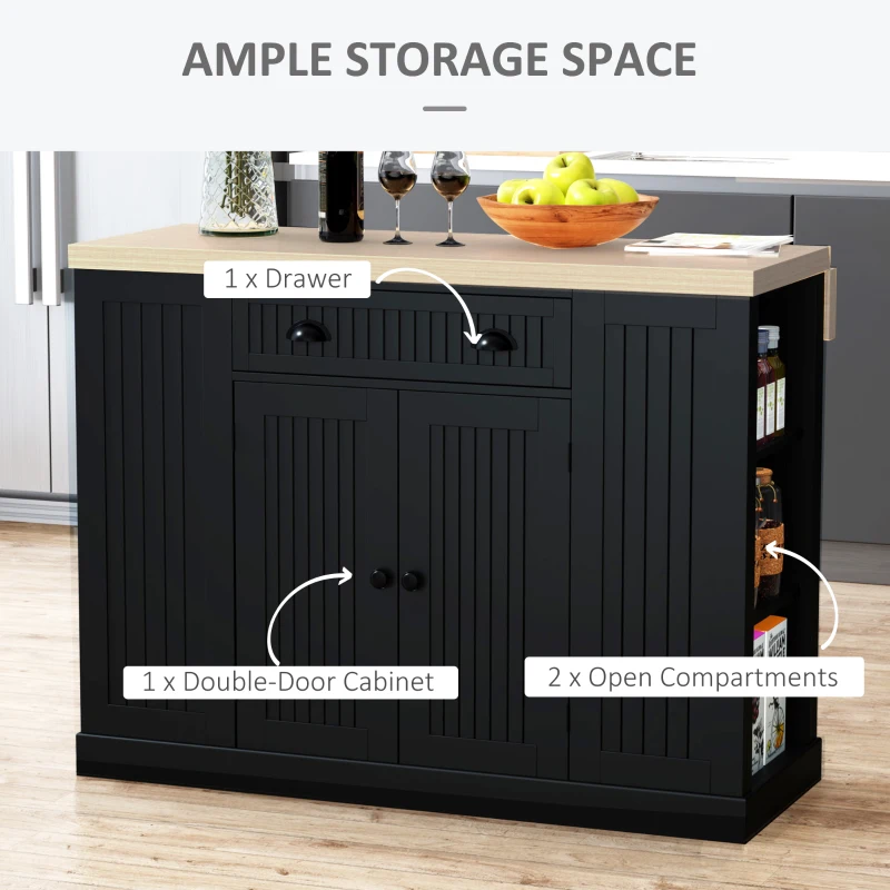 HOMCOM 47" Fluted-Style Wooden Kitchen Island, Kitchen Countertop Storage Cabinet with Drop Leaf, Drawer, Open Shelves, Storage, Black