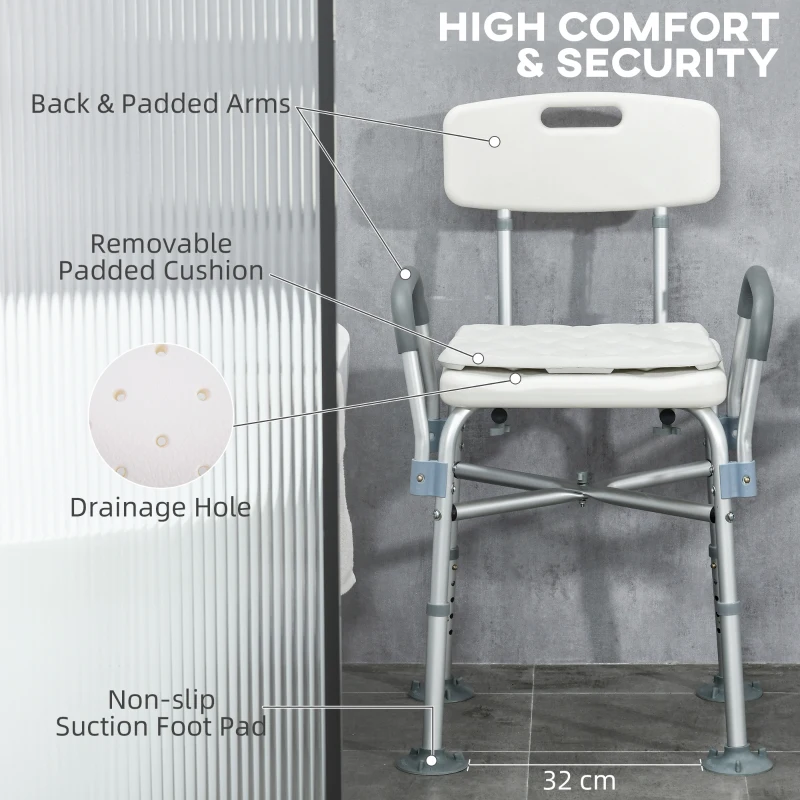 HOMCOM Shower Chair with Back and Arms, Bathroom Shower Stool with Removable Padded Cushion and Suction Cup Feet, Bath Chair for Elderly, Senior, Tool-Free Assembly, 396lbs