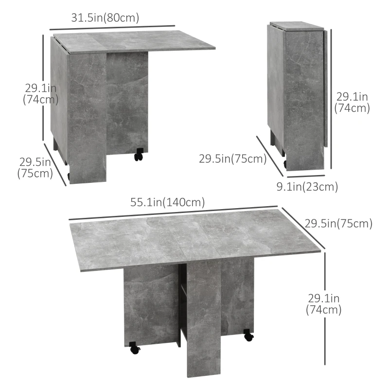 HOMCOM Extendable Dining Table, Collapsible Folding Table w/ 2-tier Shelves and Rolling Casters, Grey