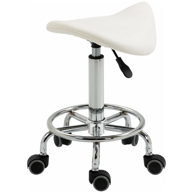 HOMCOM Saddle Stool, PU Leather Adjustable Rolling Salon Chair for Massage, Spa, Clinic, Beauty and Tattoo, White