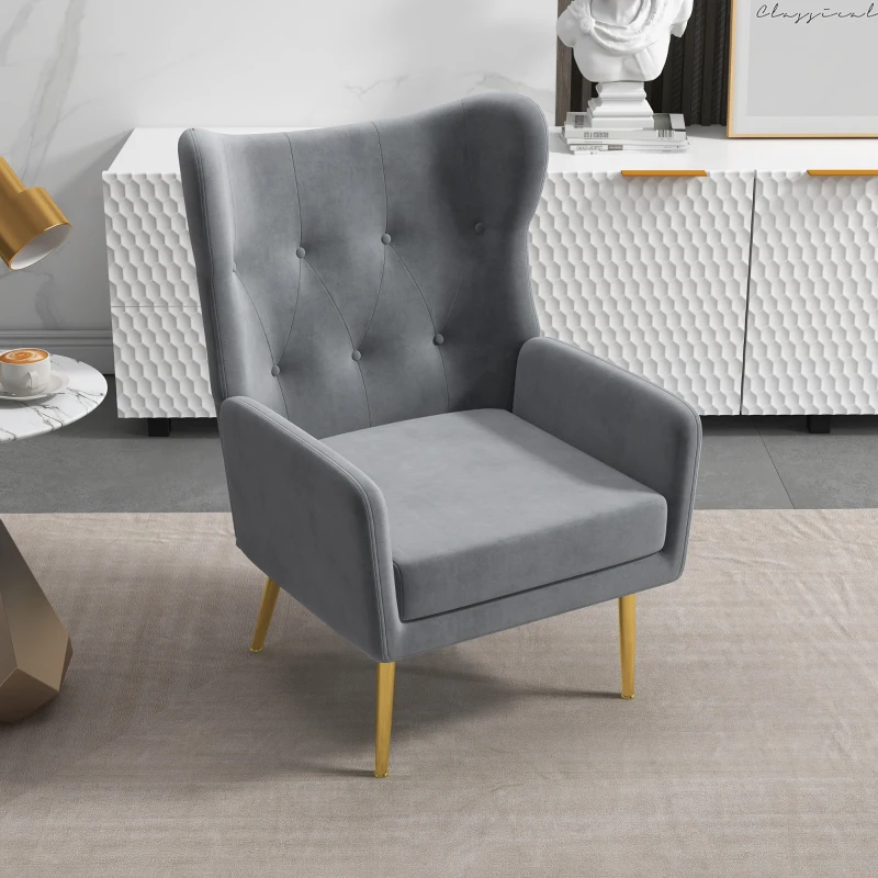 HOMCOM Fabric Wingback Armchair, Modern Accent Chair with Gold Metal Legs for Living Room, Bedroom, Home Office, Grey