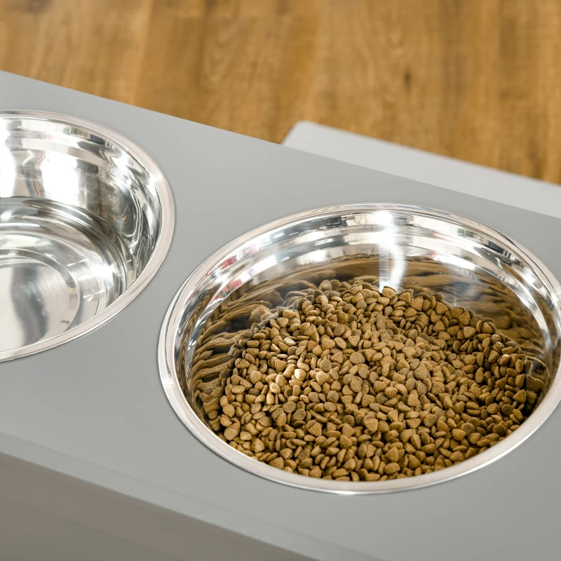 PawHut Elevated Dog Bowls for Large Dogs with Storage 2 Stainless Steel Dog Bowls， Elevated Base for Large Dogs, Grey