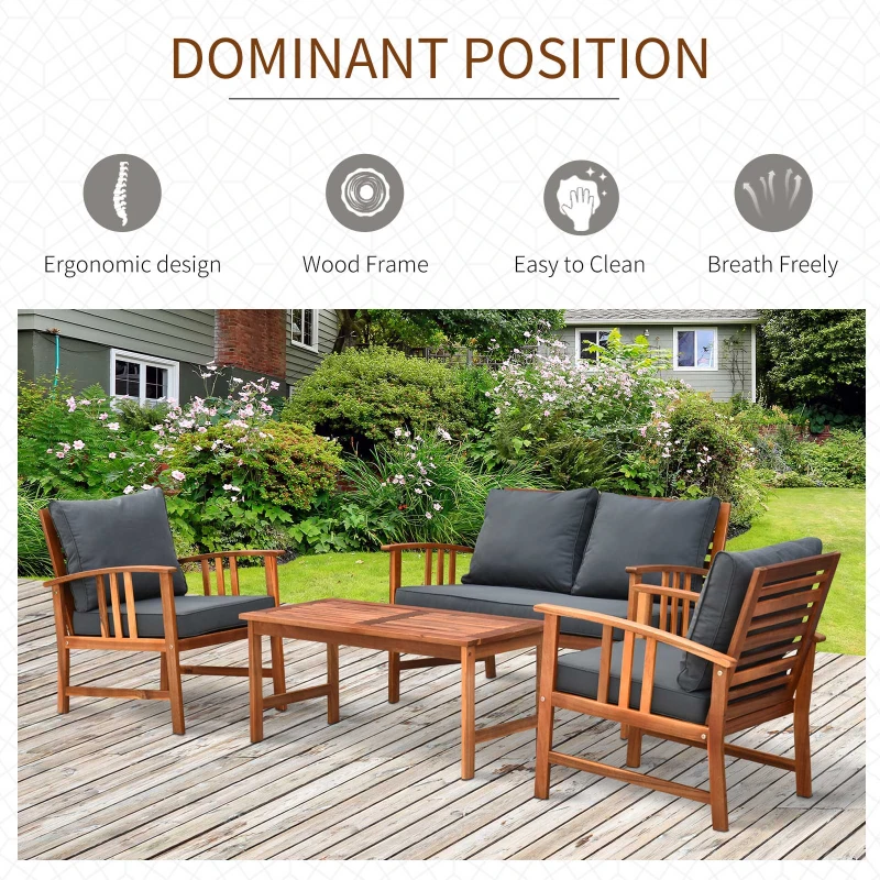 Outsunny 4pcs Acacia Wood Chat Sofa Set Outdoor 4-Seater Table Set Garden Sectional Set Backyard Reclining Seat Set Patio Furniture w/ Dark Grey Cushions
