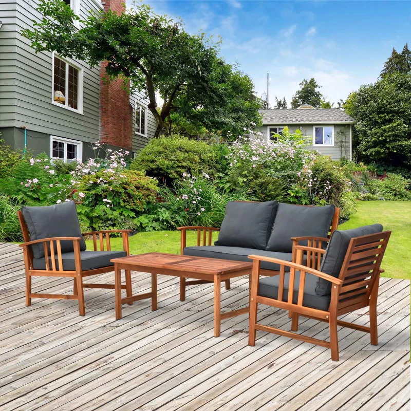 Outsunny 4 Piece Solid Acacia Wood Conversation Set Outdoor Patio Furniture Chat Set w/ Armchairs, Loveseat, Center Coffee Table & Cushions Teak/Gray