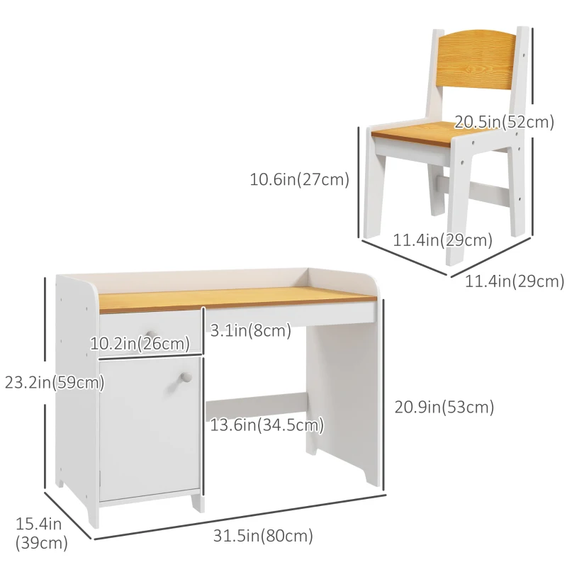 Qaba Kids Desk and Chair Set for 3-6 Year Old with Storage Drawer, Study Table and Chair for Children, White