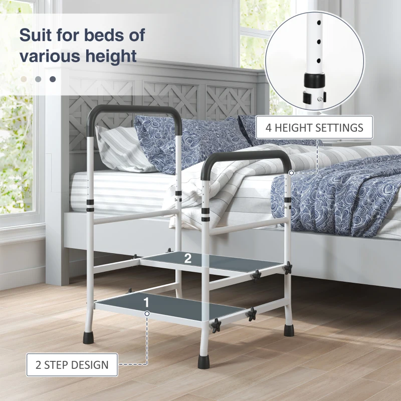 HOMCOM Bedside Step Stool with Handles for Adults, Seniors, 2 Step Stool for High Beds with Adjustable Height, Non-Slip Platform, Storage Pouch, Holds up to 300 Pounds