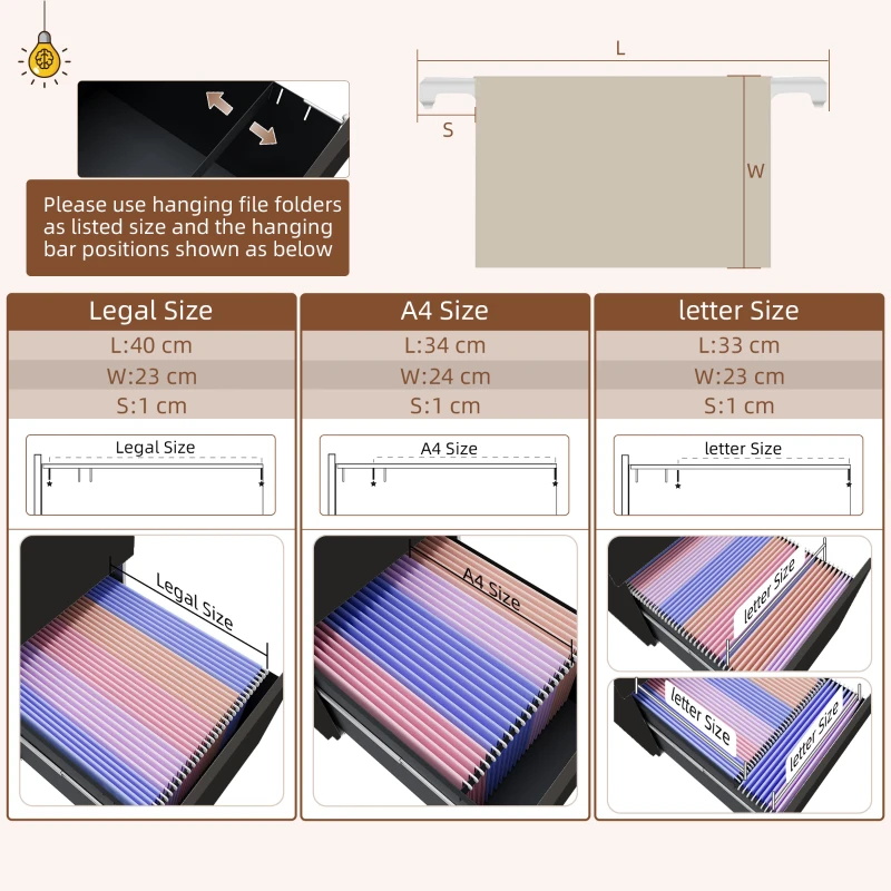 Vinsetto Mobile Vertical Filing Cabinet with Lock, 2-Drawer Steel File Cabinet with Adjustable Hanging Bar for Letter, A4 and Legal Size, Black