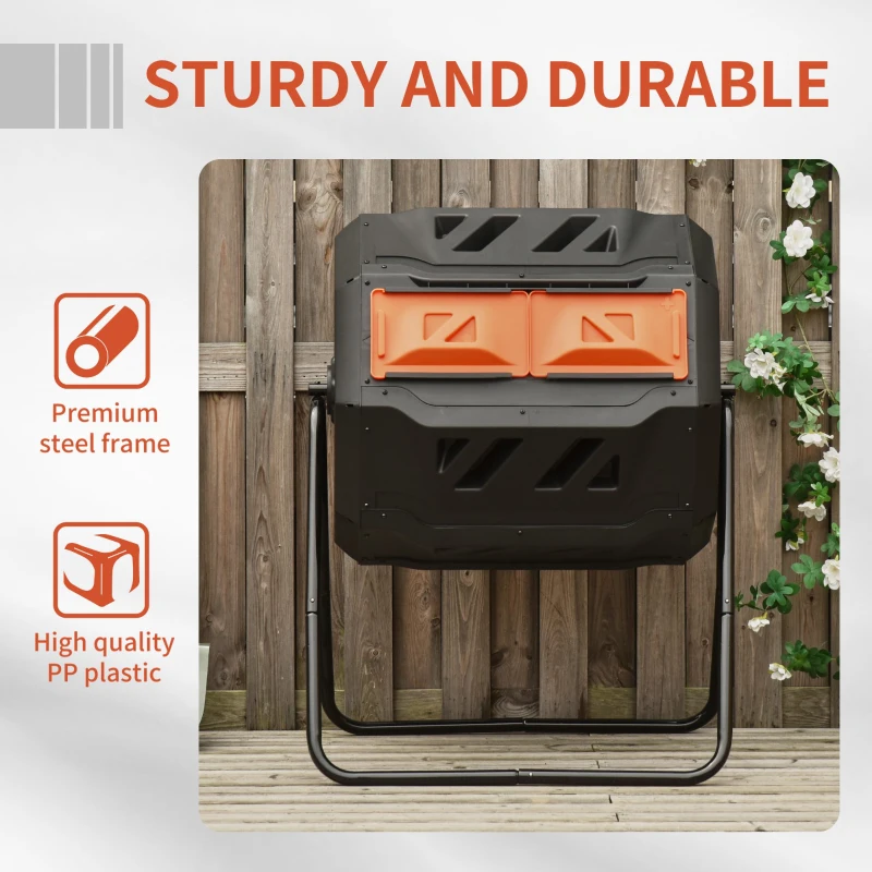 Outsunny Tumbling Compost Bin Outdoor Dual Chamber 360° Rotating Composter 43 Gallon with Sliding Doors, Orange