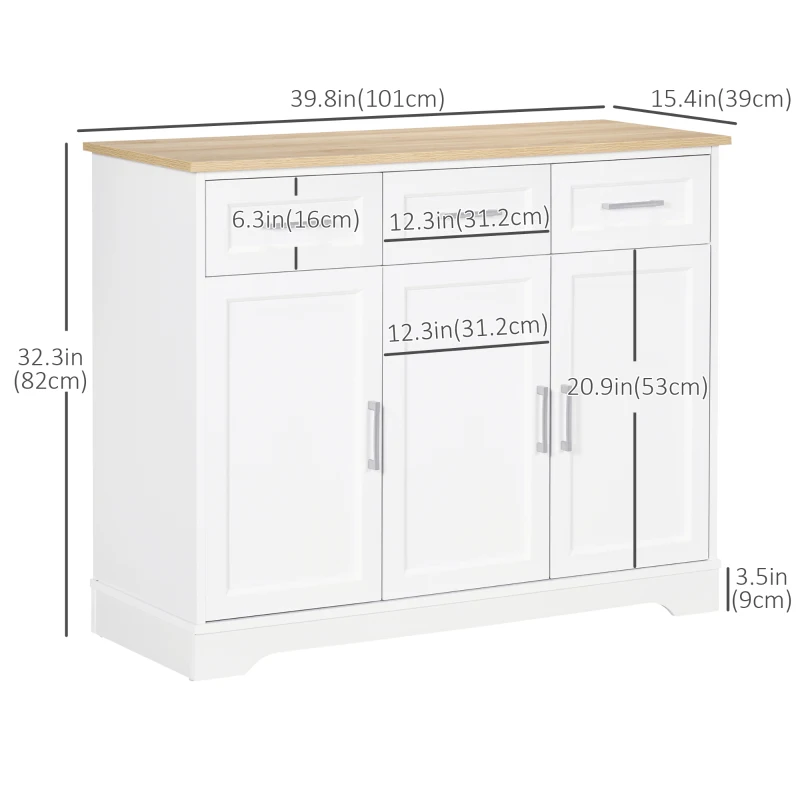 HOMCOM Sideboard Buffet Cabinet with 3 Drawers and Adjustable Shelf, Coffee Bar Cabinet for Kitchen, Dining Room, White