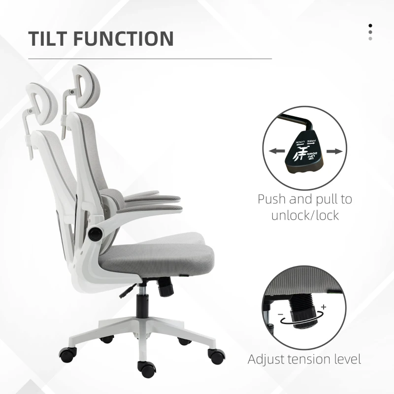 Vinsetto Ergonomic Office Chair with Auto-Adaptive Lumbar Support, High Back Desk Chair with Adjustable Headrest & Height, Rotatable Arm, Tilt Function for Office, Grey