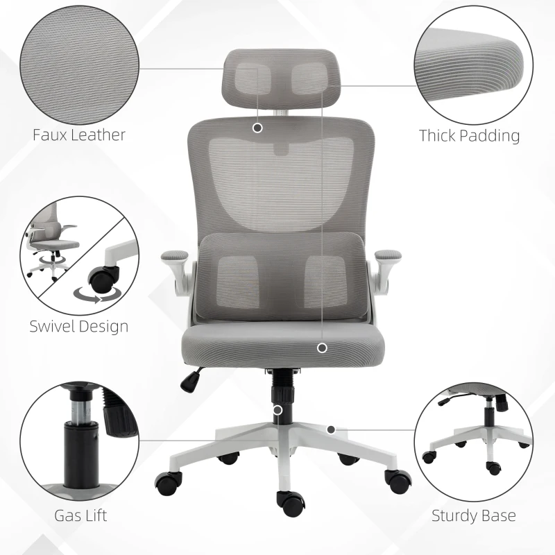 Vinsetto Ergonomic Office Chair with Auto-Adaptive Lumbar Support, High Back Desk Chair with Adjustable Headrest & Height, Rotatable Arm, Tilt Function for Office, Grey