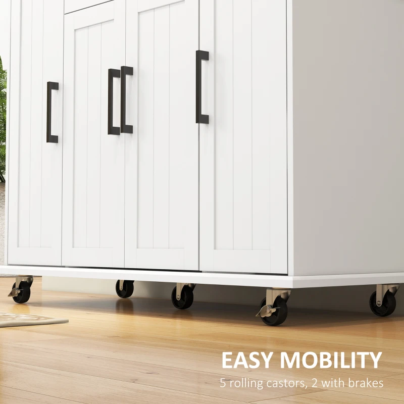 HOMCOM Modern Rolling Kitchen Island Cart with Drawers, Natural Wood Top, Towel Rack, Door Storage Cabinet, White