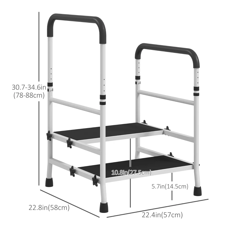 HOMCOM Bedside Step Stool with Handles for Adults, Seniors, 2 Step Stool for High Beds with Adjustable Height, Non-Slip Platform, Storage Pouch, Holds up to 300 Pounds