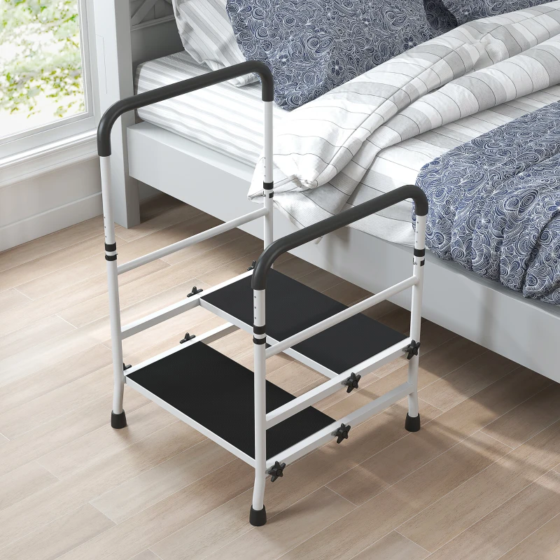 HOMCOM Bedside Step Stool with Handles for Adults, Seniors, 2 Step Stool for High Beds with Adjustable Height, Non-Slip Platform, Storage Pouch, Holds up to 300 Pounds